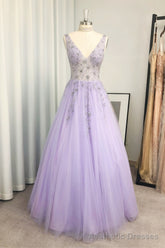 A-line/Princess V Neck Long/Floor-Length Tulle Prom Dresses With Beading Sequins